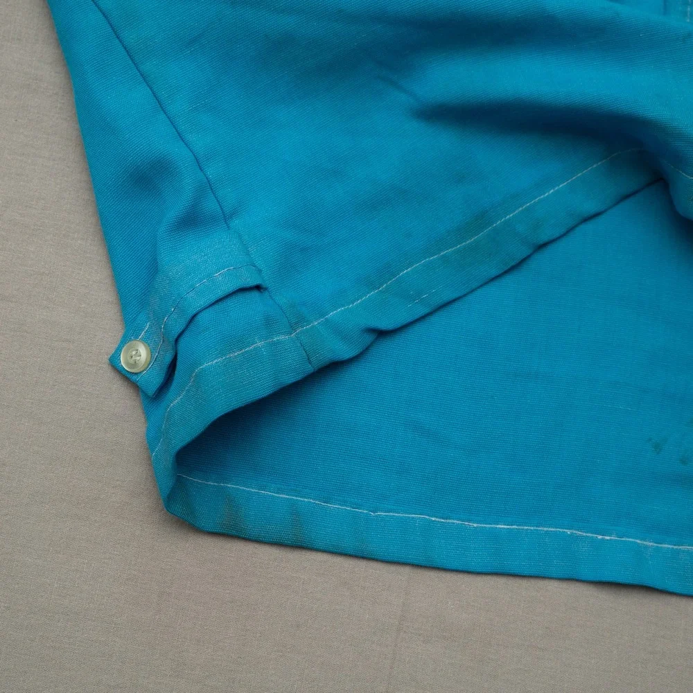 Vintage 70s Mod Button Up Bowling Shirt Dune Buggy Daggar Collar Blue Adult M